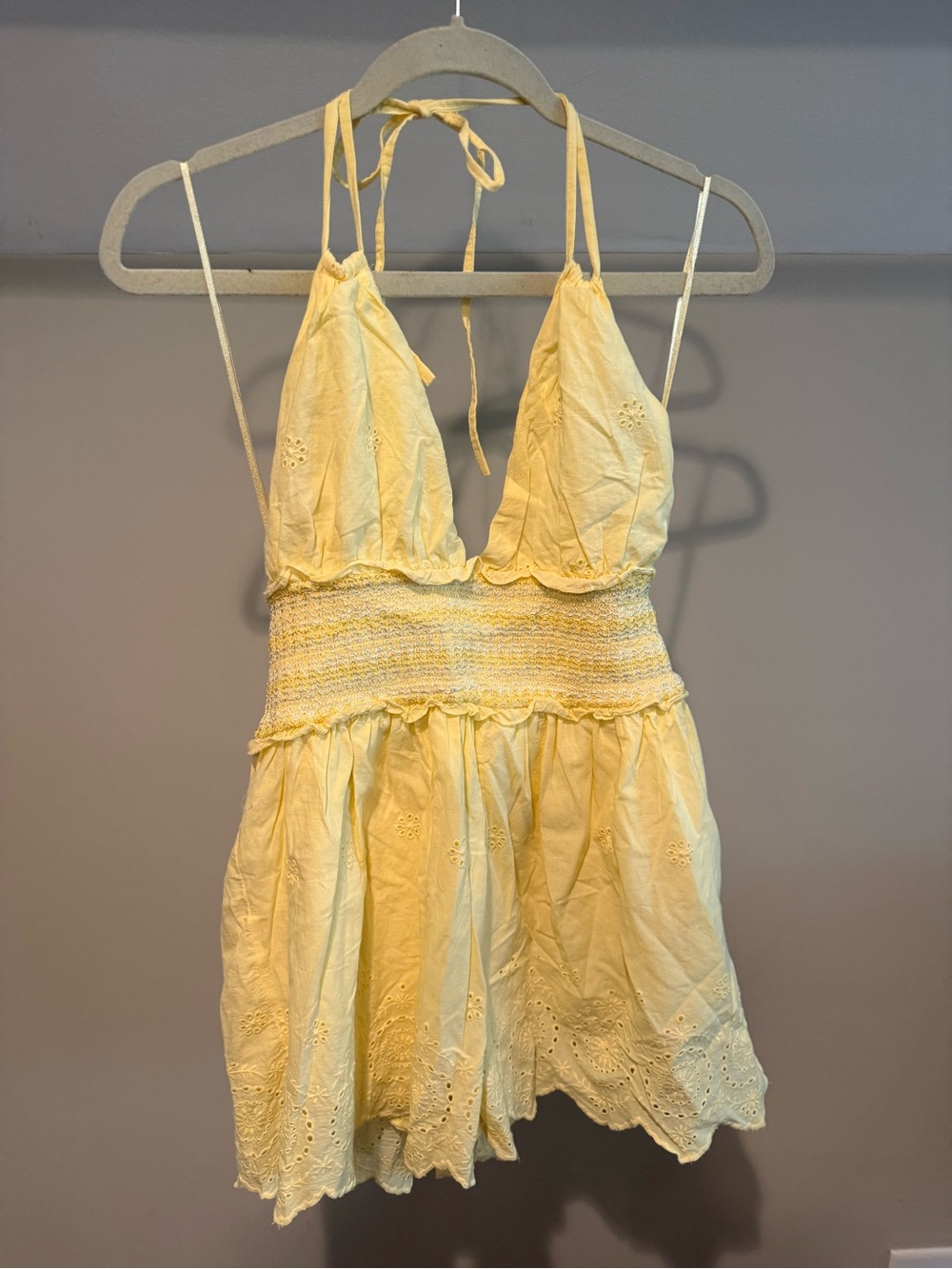 Urban Outfitters Pale Yellow Smocked Romper